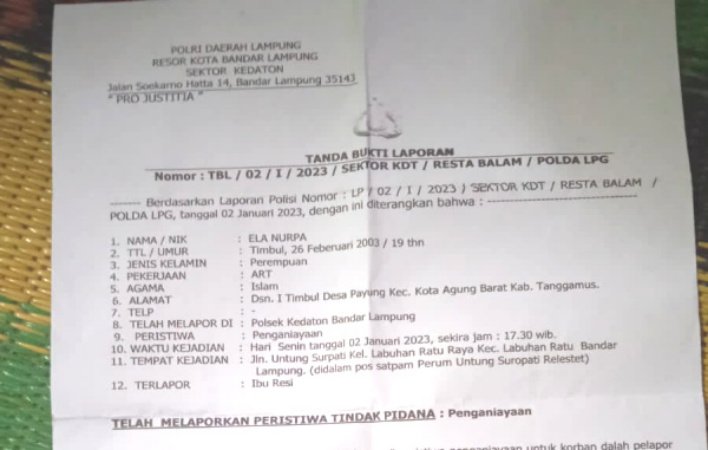 Tanda bukti laporan korban penganiayaan oleh majikannya di Mapolsek Kedaton Bandar Lampung, (foto_dok)