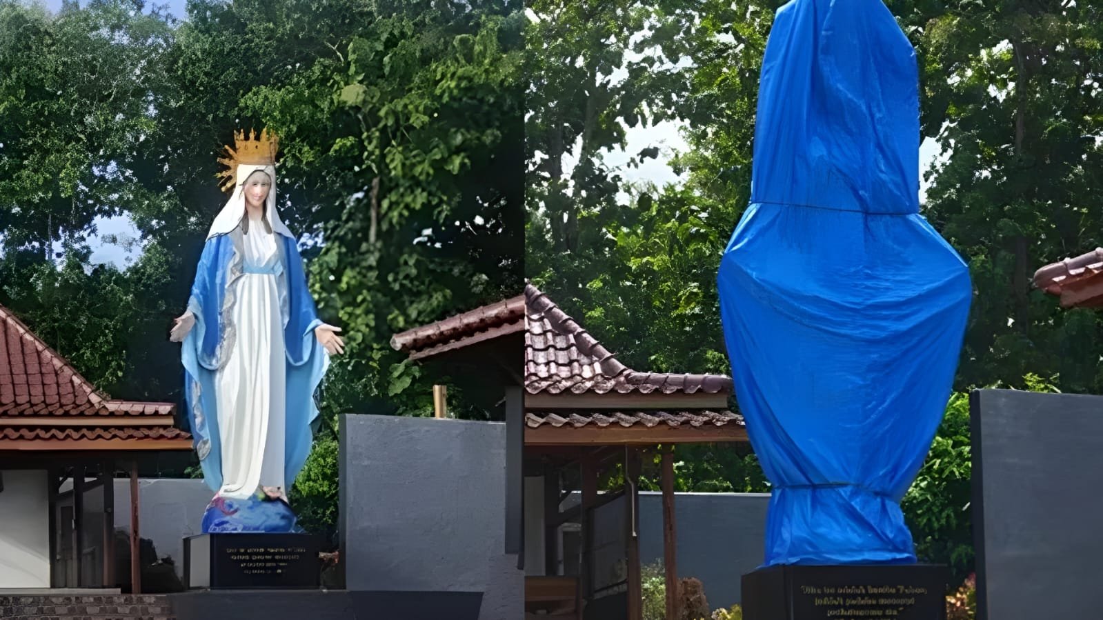 Patung Bunda Maria yang ditutup terpal di Kabupaten Kulon Progo, Daerah Istimewa Yogyakarta
