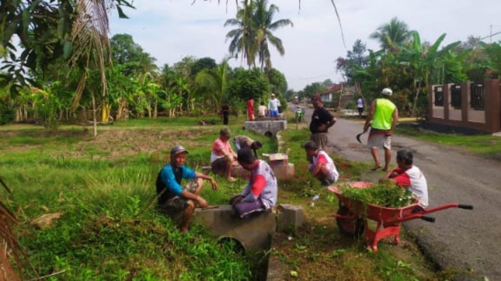 Pemerintah Pekon Gading Rejo Timur bersama masyarakat bersihkan saluran air di pedukuhan Krandegan, Minggu 26 November 2023.