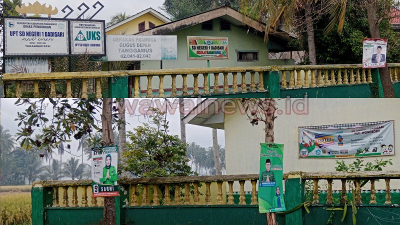 Terdapat tiga banner ditempel di batang pohon depan SDN 1 Dadisari Kecamatan Wonosobo, pada 16 Desember 2023, (foto_st)