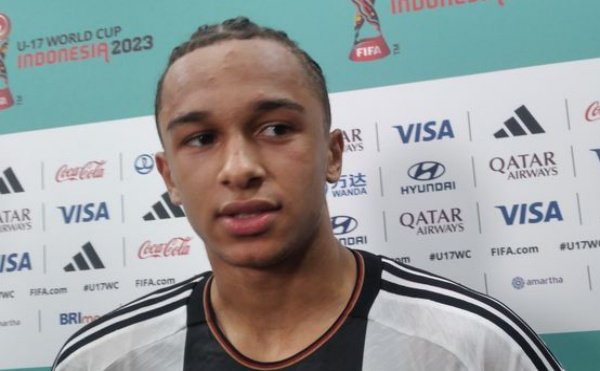 Bek timnas Jerman U-17 Eric Da Silva Moreira mengungkapkan ekspresi kegembiraan saat ditemui di area mixed zone Stadion Manahan, Solo, setelah menjadi juara Piala Dunia U-17 2023.