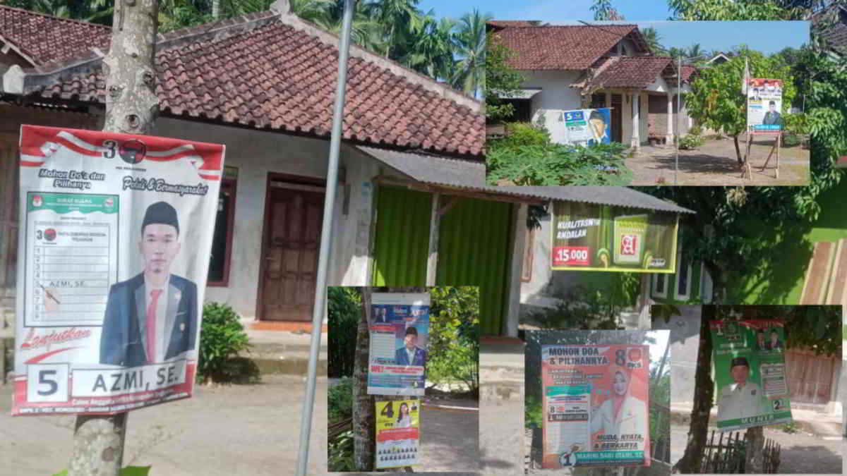 Masa tenang, tapi alat peraga kampanye di salah satu pekon di Kecamatan Semaka masih bertebaran. Ironisnya lagi berdekatan dengan Sekretariat PPS setempat, foto Senin (12/2/2024) - Ruslan