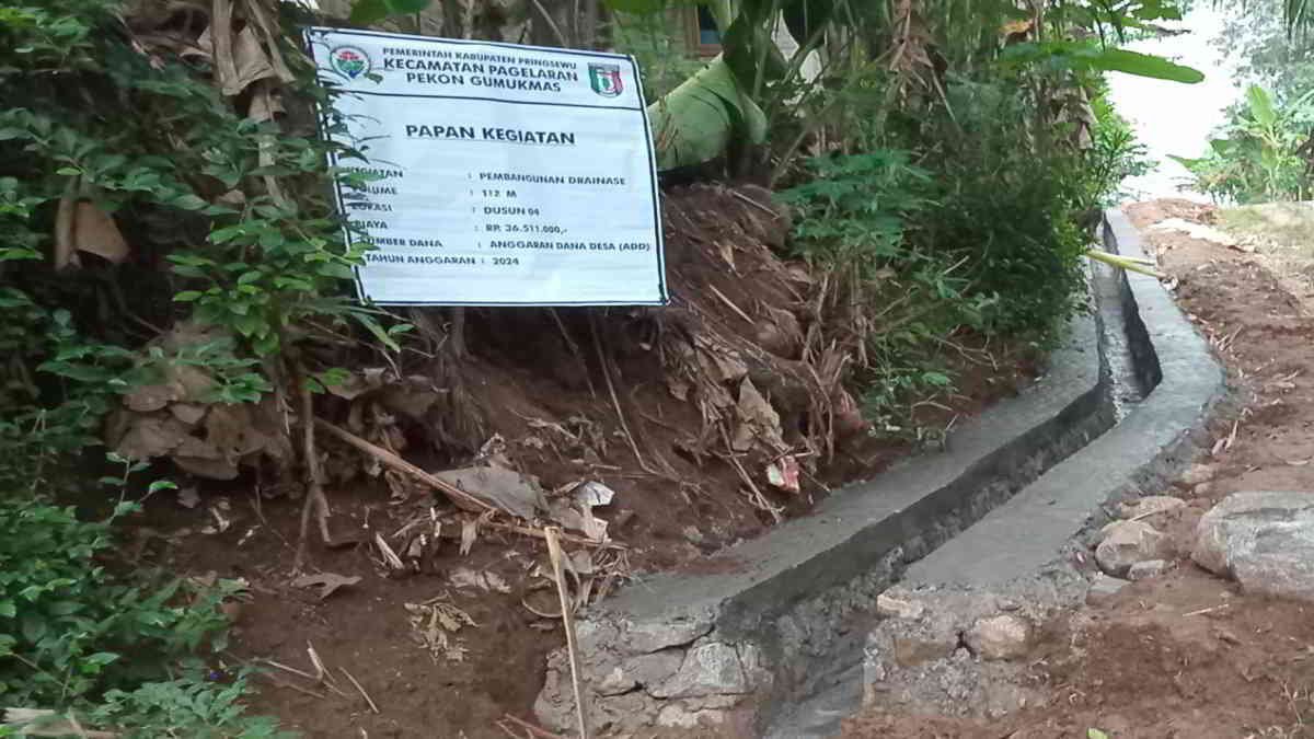 Realisasi Drainase sepanjang 112 di Dusun 5, melalui dana desa tahun 2024 Pekon Gumuk Mas, Pagelaran Pringsewu, foto doc ist