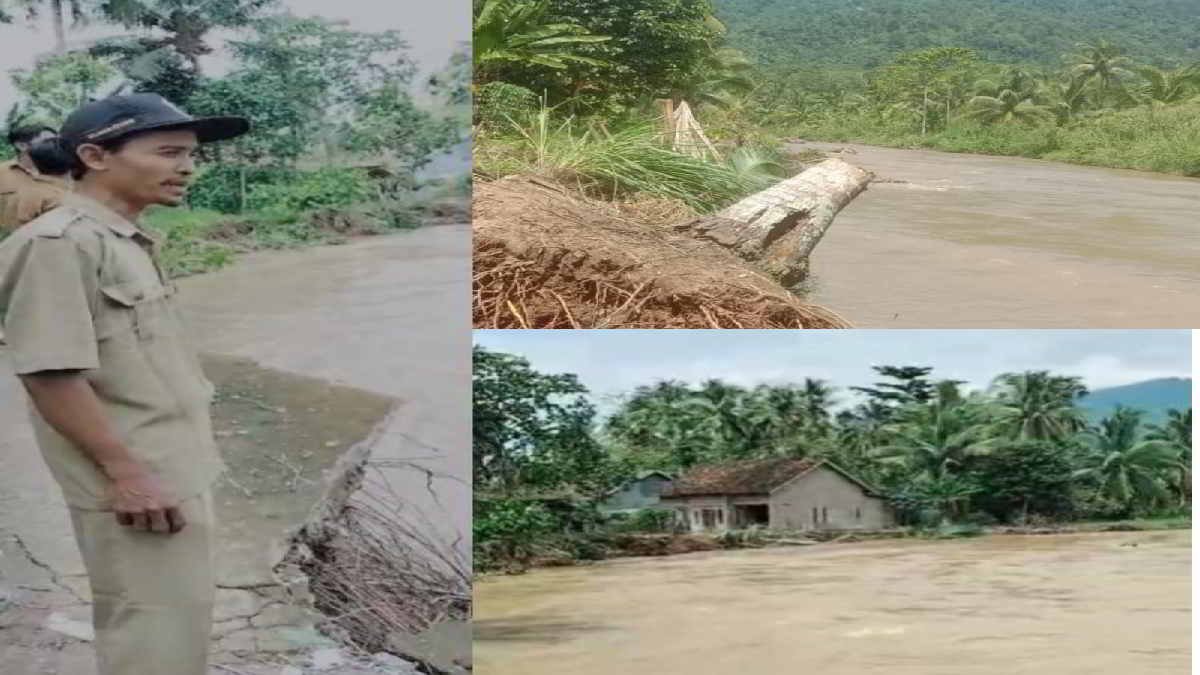 Kondisi abrasi pada bantaran Way Semaka membuat Pekon Sinar Bangun, di Kecamatan BNS, Kabupaten Tanggamus terancam terisolir - foto kolase