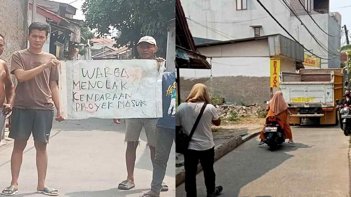 Warga keluhkan terkait proyek pembangunan gedung baru SMPN 53 Kota Bekasi, karena pihak pelaksana, tanpa koordinas atau izin ke lingkungan yang dilintasi kendaraan proyek. Warga memasang spanduk penolakan, Rabu 24 Juli 2024- foto doc ist