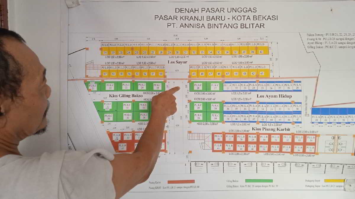 Sri Mulyono salah satu tokoh pedagang Pasar Kranji saat menunjuk denah areal plot pembangunan revitalisasi