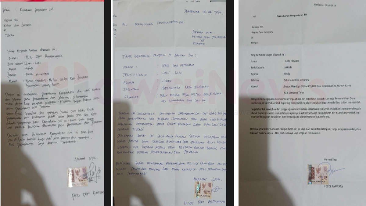 Surat pengunduran diri aparatur desa Jembrana, Waway Karya, Lampung Timur - foto dok Jali