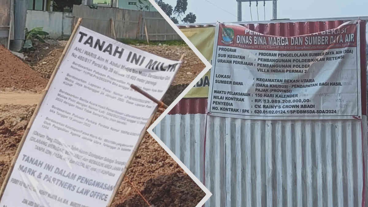 plang bertuliskan lahan milik ahli waris di lokasi proyek Polder di komplek Villa Indah Permai Bekasi Utara, Kota Bekasi,