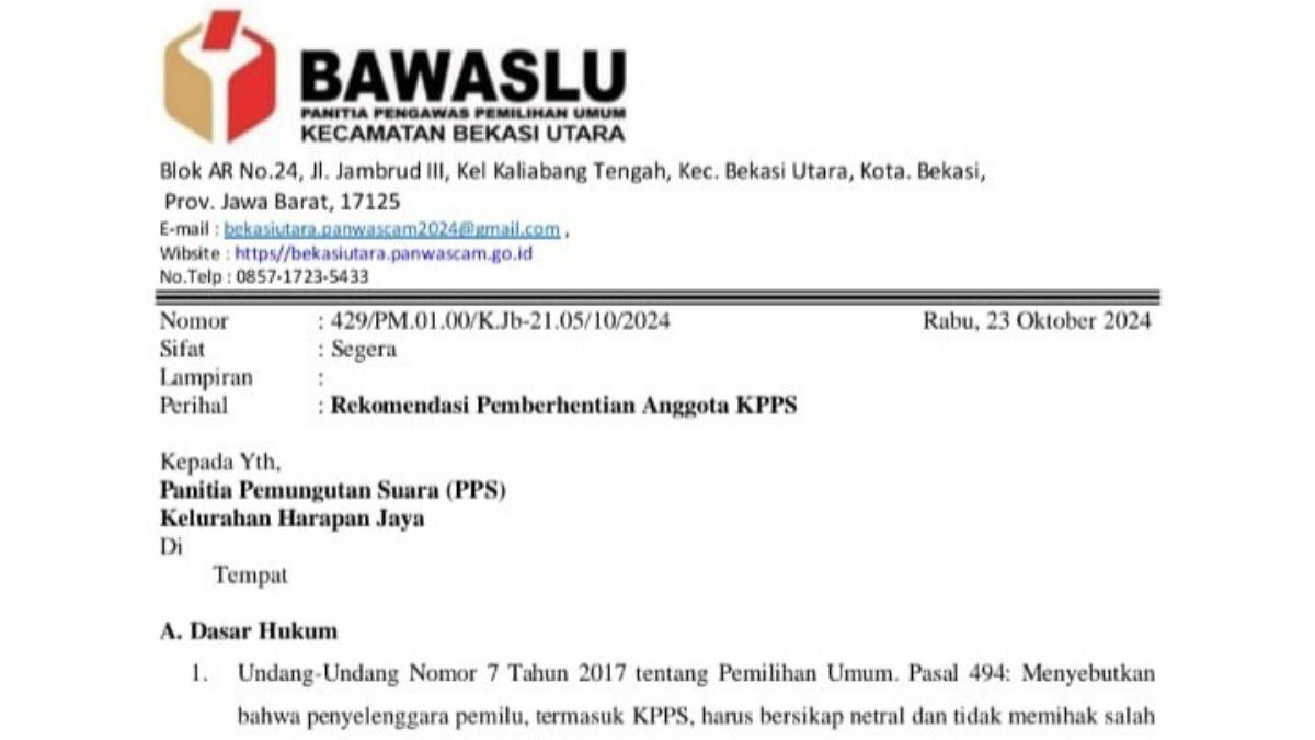 surat rekomendasi pemberhentian petugas KPPS di kelurahan Harapan Jaya oleh Panwascam Bekasi Utara, Kota Bekasi