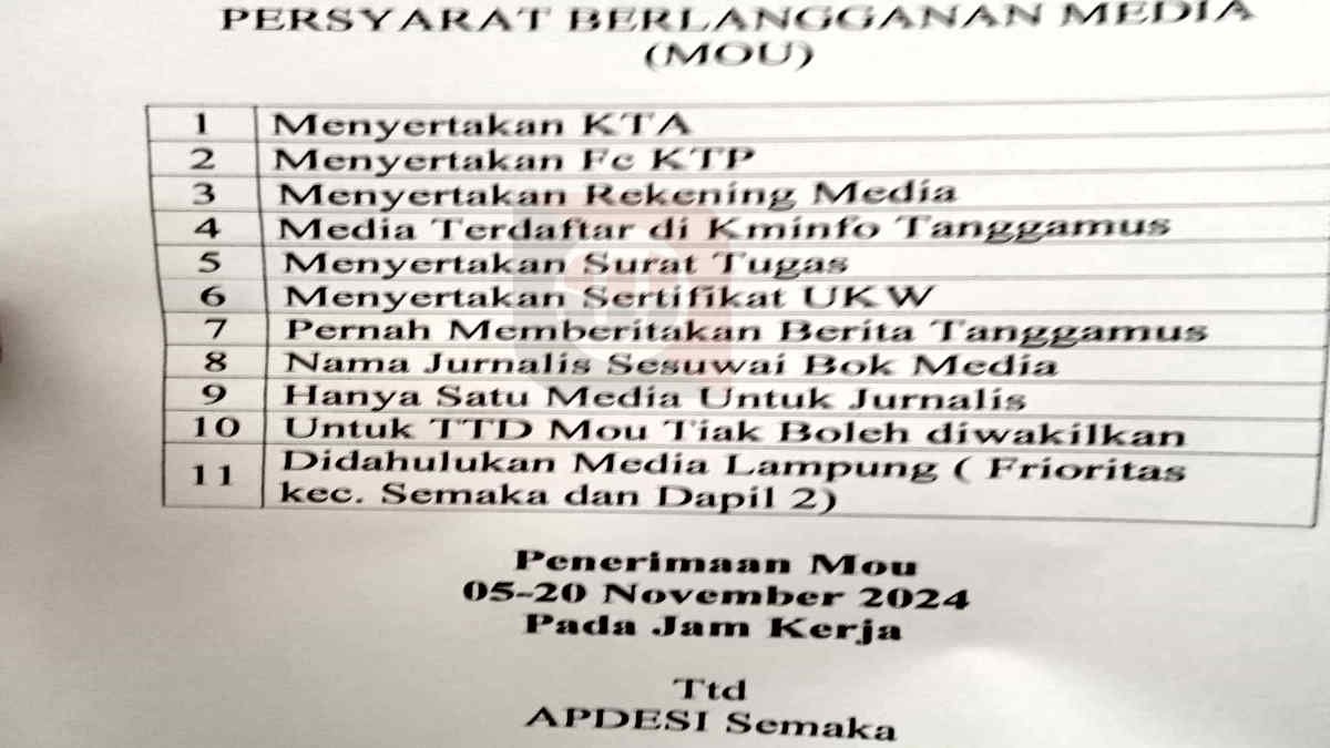 Foto: Syarat berlangganan media kepada Kepala Pekon di wilayah Kecamatan Semaka. (foto_dok)