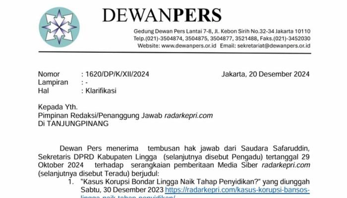 Inilah Jawaban Dewan Pers Atas Pengaduan Saparuddin Terkait Pemberitaan di Radar Kepri