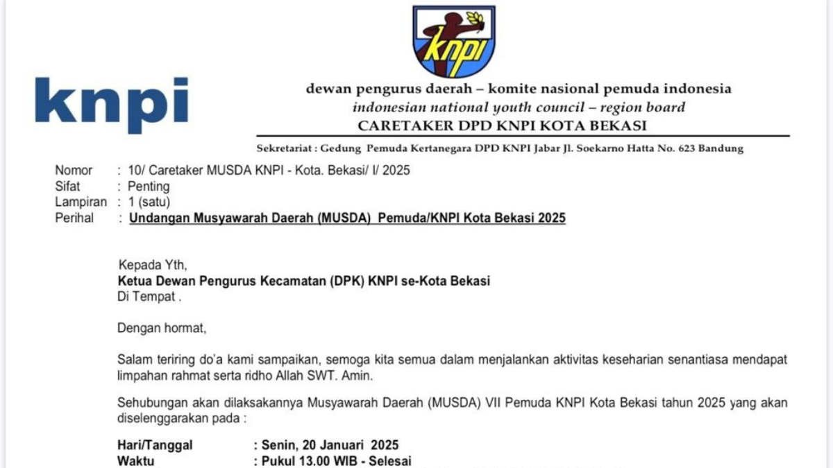 Foto: Diketahui DPD Komite Nasional Pemuda Indonesia (KNPI) Kota Bekasi telah menjadwalkan pemilihan pemimpin baru melalui Musyawarah Daerah (Musda) hari ini Senin (20/1/2025) di Gedung Pemuda Kertanegara, Jalan Soekarno Hatta, Kota Bandung