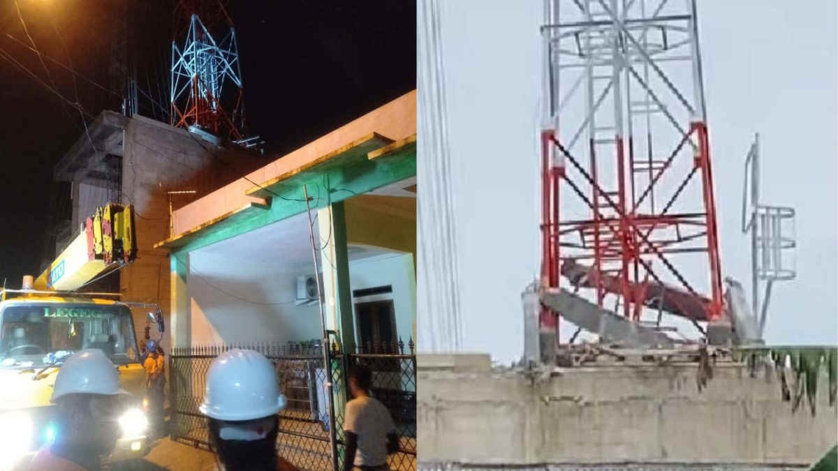 Beton penyangga pada pemasangan tower provider di Karangsatria, Tambun Utara, Bekasi ambrol, satu pekerja tewas pada Senin 27 Januari 2025 - foto kolase