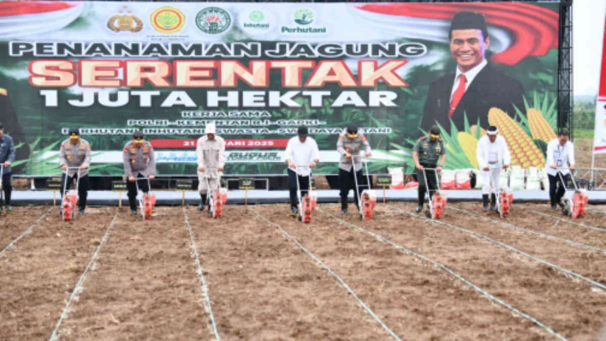 Menteri Pertanian Republik Indonesia Andi Amran Sulaiman dan Kapolri Jenderal Listyo Sigit Prabowo, menghadiri acara peluncuran Gerakan Penanaman Jagung Serentak 1 Juta Hektare, di Desa Karangmukti, Kecamatan Cipeundeuy, Kabupaten Subang, Selasa (21/1/2025).