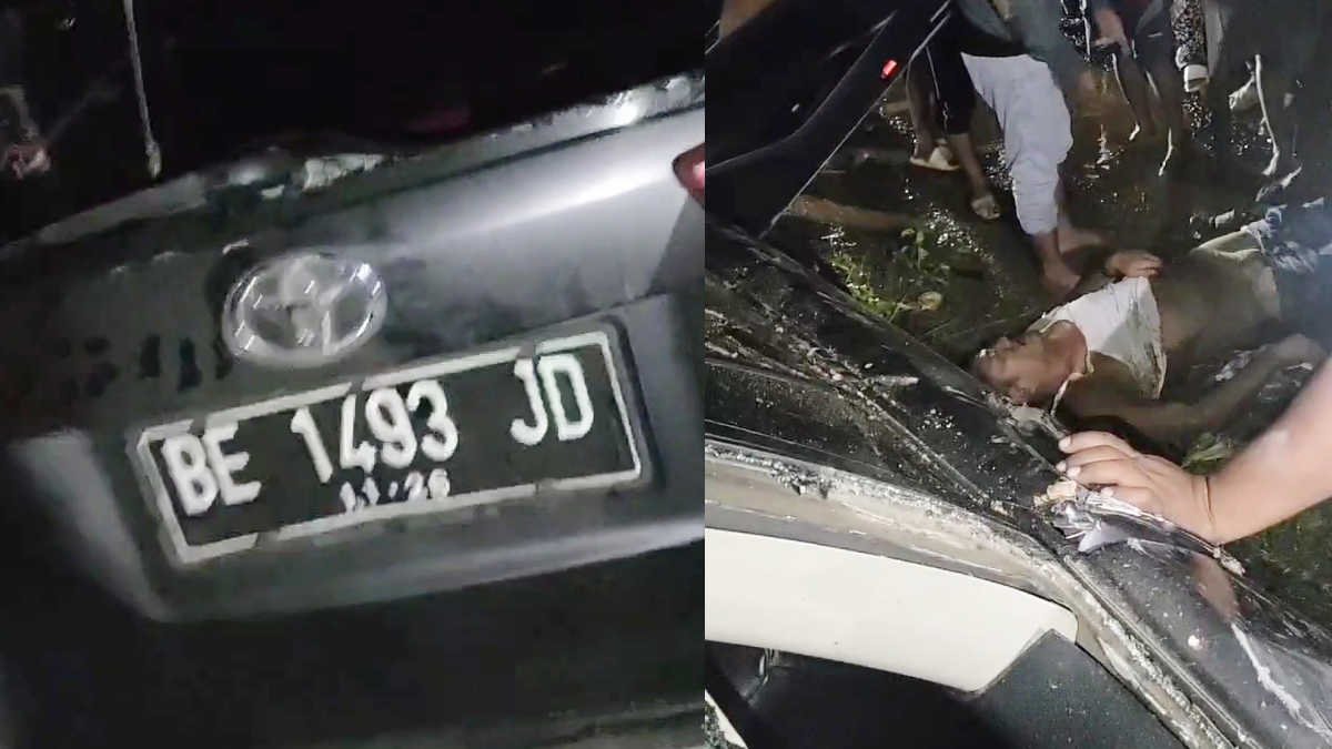 Foto: Satu unit mobil ringsek akibat amukan warga dan seorang pria babak belur dikerumuni massa, pada Selasa malam 18 Februari 2025, (foto_kolase, scr)