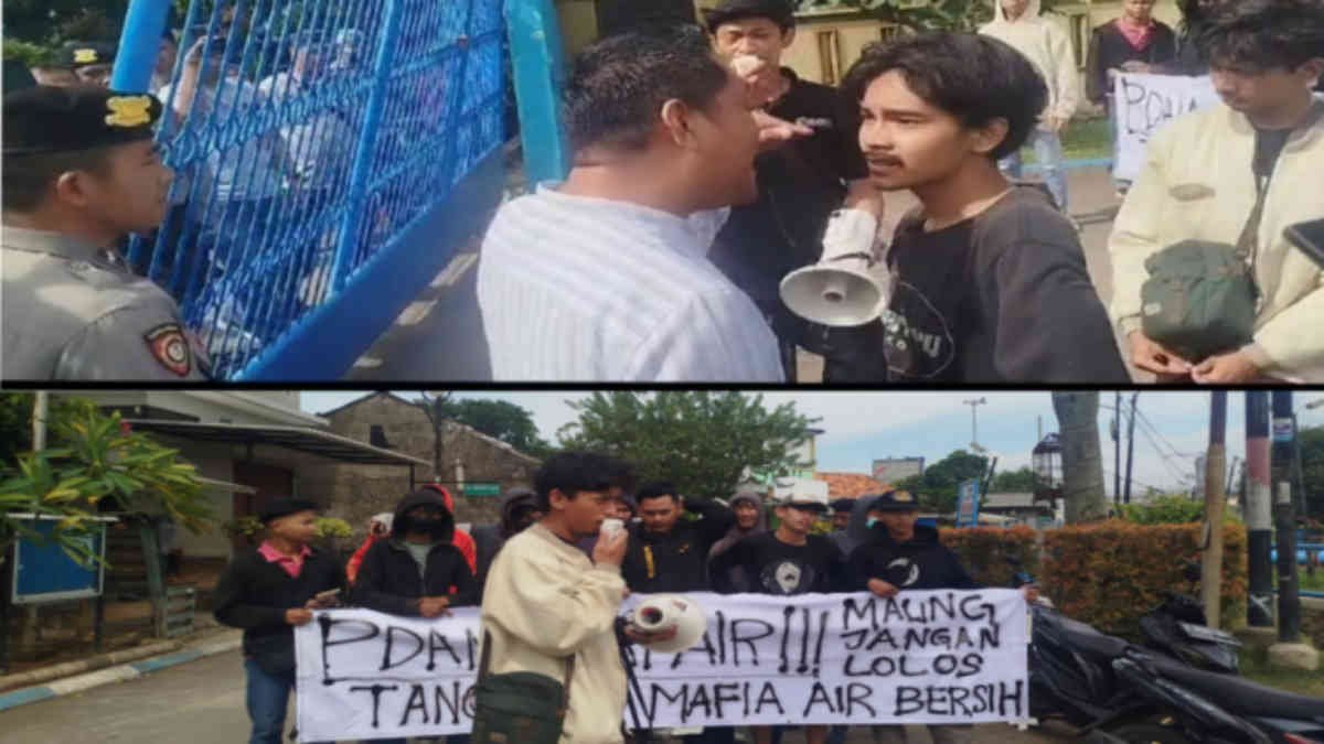 Aksi demo sempat berlangsung tegang dan memicu gesekan antara mahasiswa dan petugas keamanan di kantor PDAM Tirta Partriot, Bekasi Utara, Kota Bekasi, Jumat 21 Maret 2025. - foto Kolase