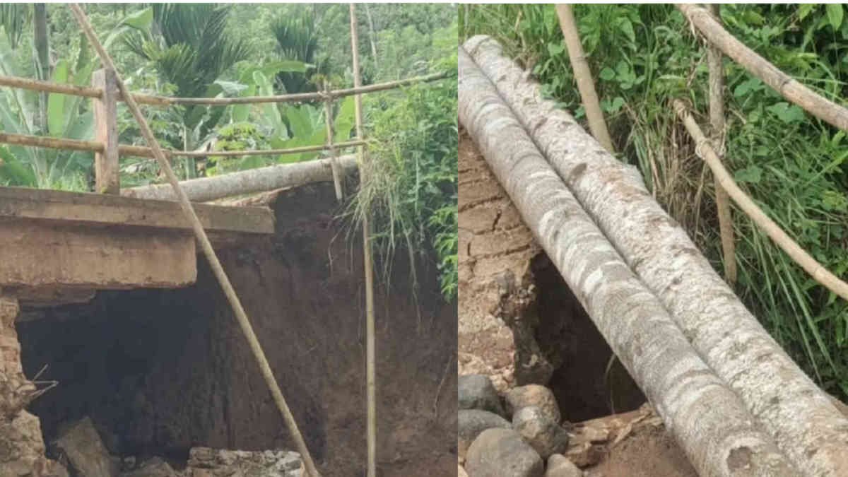 Pondasi jembatan Sangarus di Tanggamus ambrol dan mengkhawatirkan, tapi warga tetap nekat melintasi seperti kendaraan roda dua serta warga pejalan kaki, Minggu 9 Maret 2025 - foto doc ist.