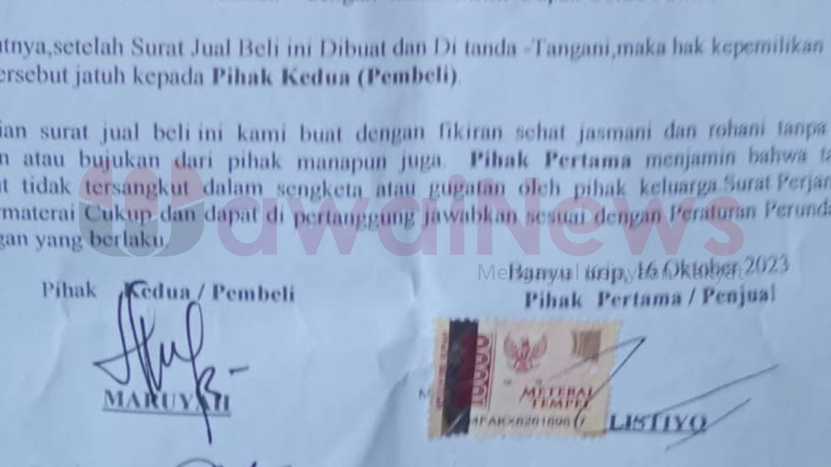 Foto: Tanda tangan atas nama Sulistiyo yang diduga dipalsukan oleh Santoso Kakon Banyu Urip dalam surat keterangan jual beli tanah pada 16 Oktober 2023 lalu, (foto_dok)