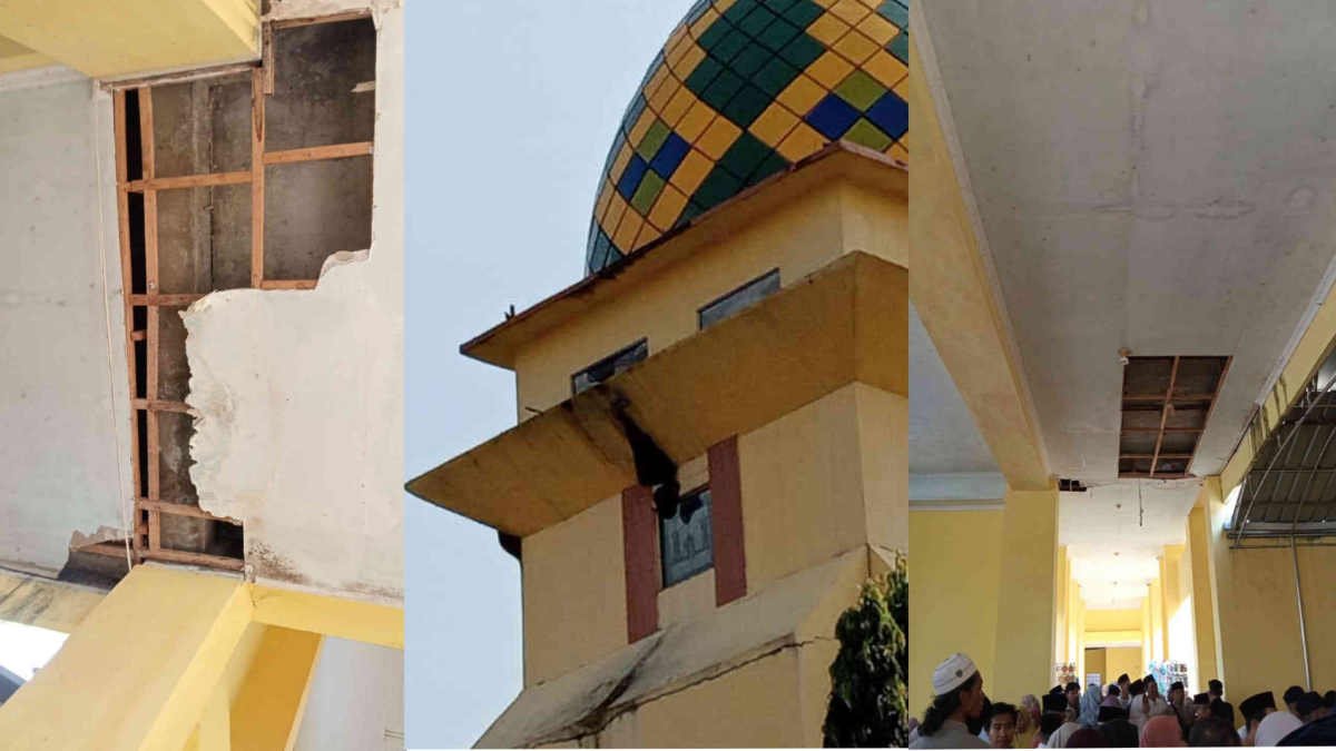 Kondisi Gedung Islamic Center Lampung Timur membuat memprihatinkan, membuat keluarga CJH yang akan berangkat ke Tanah Suci khawatir, selain plafon jebol dimana-mana ada sarang tawon madu cukup besar, Jumat 2 Mei 2025 - foto Wahid Toba