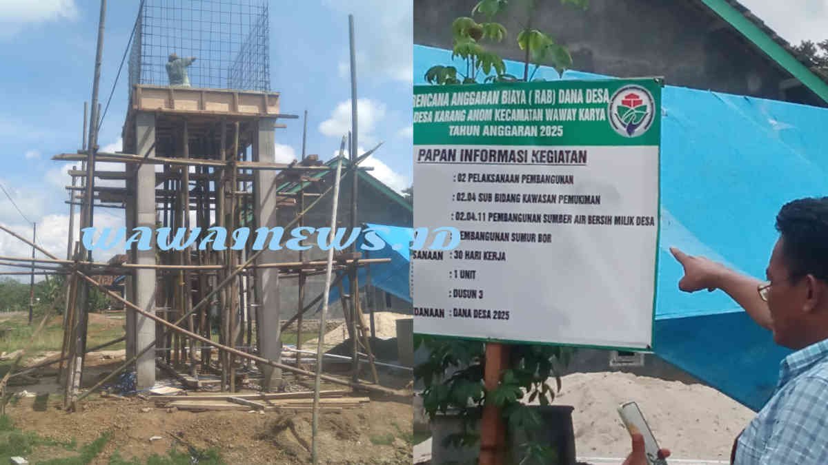 Mungkin Belum Ngopi, papan informasi kegiatan pembangunan sumur bor atau sumber air bersih milik desa di Dusun 3 Desa Karang Anom, Waway Karya terpasang tidak menuliskan nilai anggaran., Jumat 16 Mei 2025 - foto Onyenk