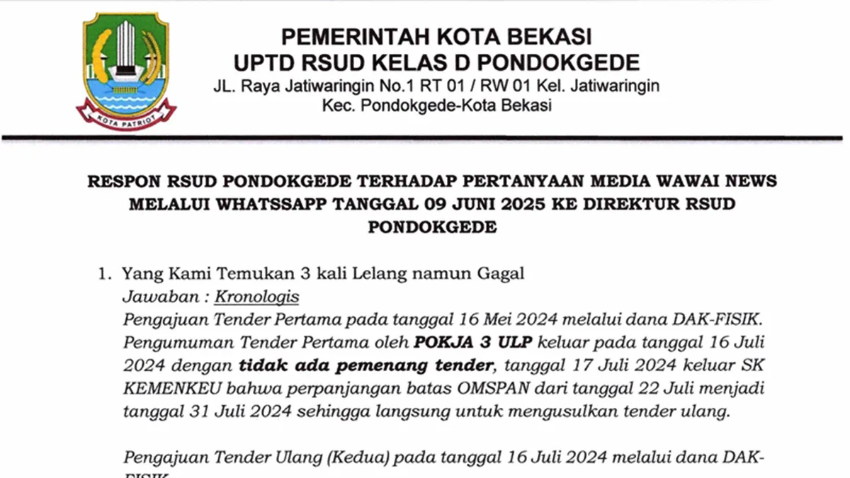 Respon dan Hak Jawab RSUD Pondokgede Terkait Pemberitaan Wawai News