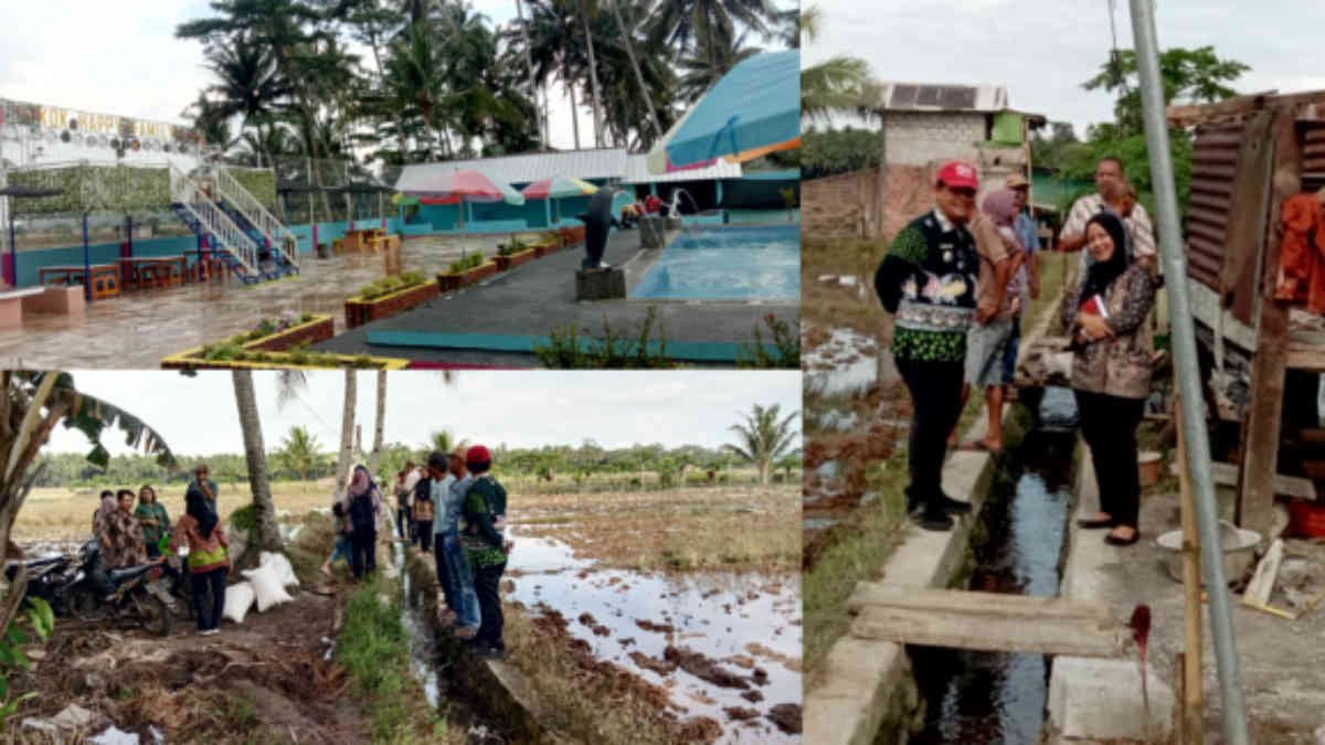 Foto: Petugas dari Dinas Lingkingan Hidup (DLH) Kabupaten Tanggamus saat mengecek di lokasi pembuangan lombah air kolam renang di Pekon Banyu Urip, pada Kamis 3 Juli 2025, (foto_kolase/rsn)