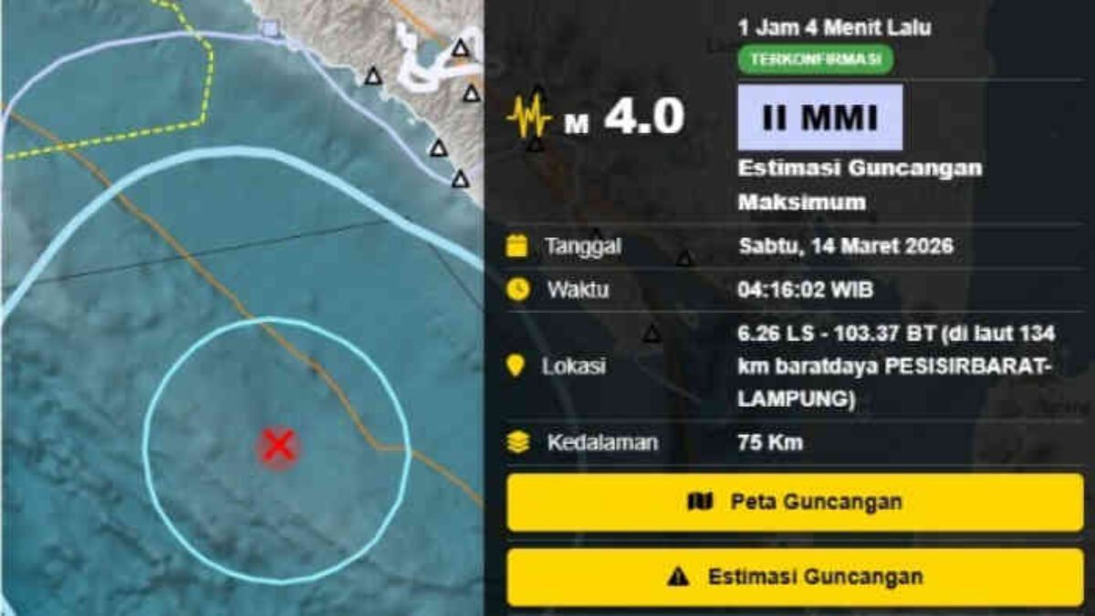 Gempa 4 Magnitudo Guncang Pesisir Barat Lampung, BMKG Pastikan Tak Berpotensi Tsunami