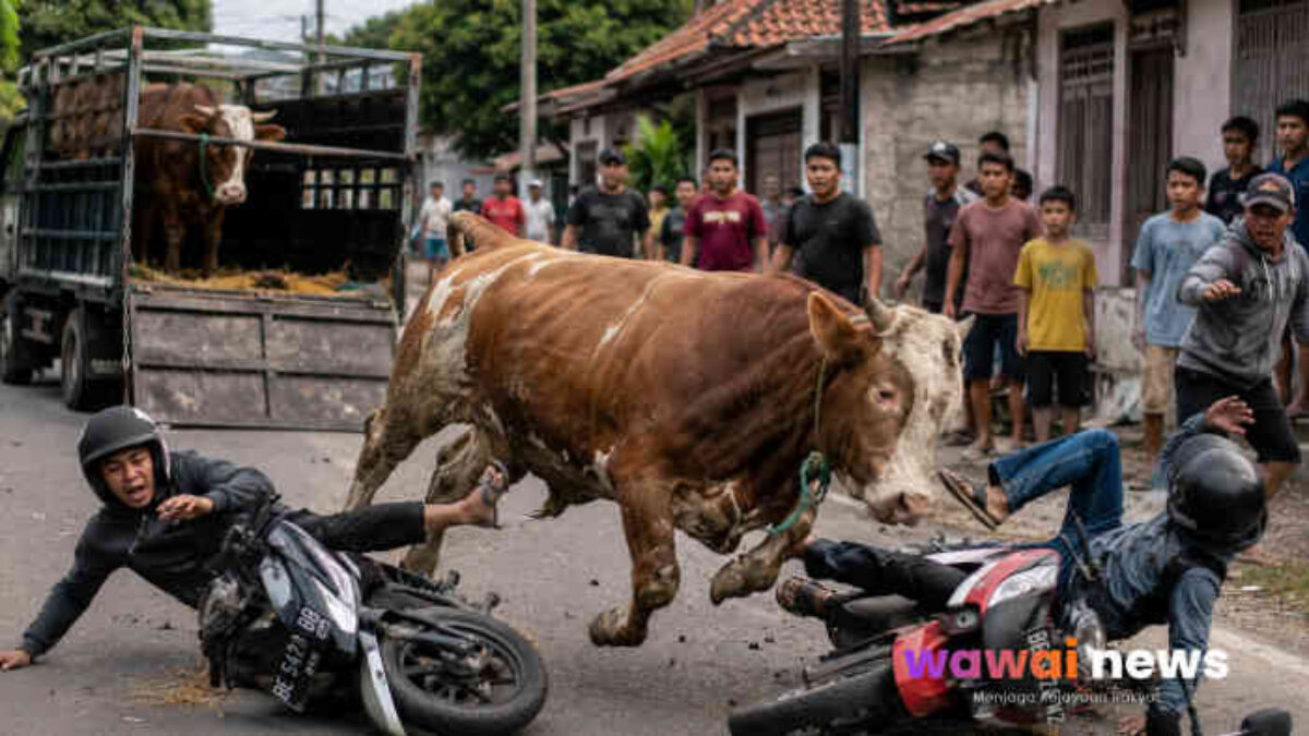 Sapi Kurban “Turun Gunung” di Lampung Timur! Dua Pemotor Tumbang, Gang Al Azhar Mendadak Jadi Arena Rodeo